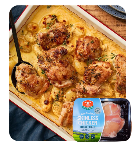 creamy mustard baked chicken thighs.