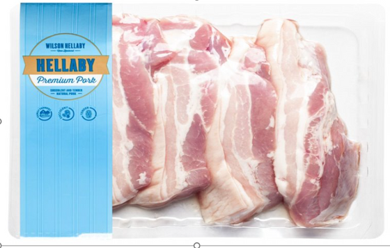 (DIS) Hellaby PORK BELLY SLICES  
average 332-558g, price below per kg