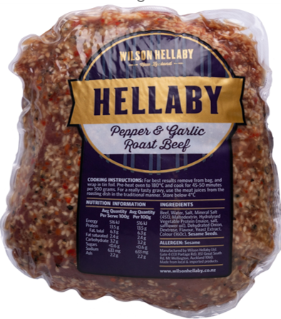 HELLABY BEEF PEPPER AND GARLIC ROAST 
600gm-990gm  $29-$37 PER PACK 
 Price below per/KG