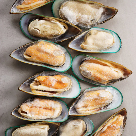 Greenshell Mussels, Half Shell, Medium IQF, free flow box, 12kg