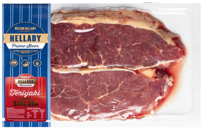 (DIS) Hellaby BEEF MARINATED SIRLOIN STEAK "TERIYAKI" 296gm-458g  $22-$34 PER PACK 
 Price below per/KG