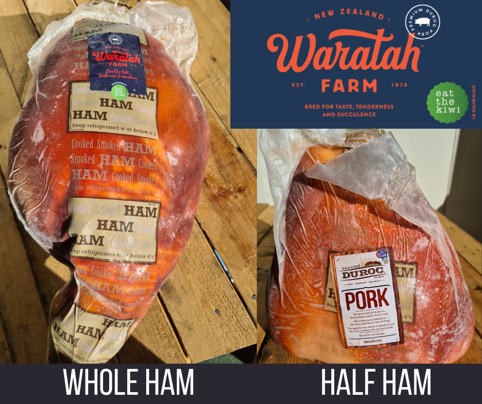 Cooked on the Bone NZ Ham half and whole (half ham 4-7kg whole ham 9-12kg.   Price Per/KG