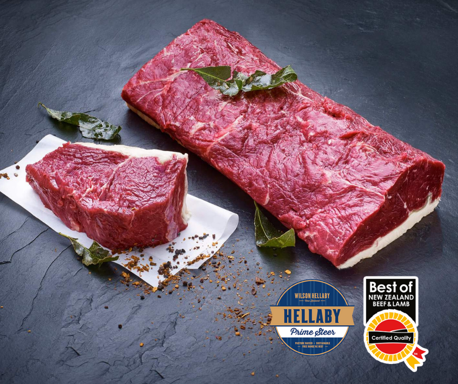 NZ Hellaby Prime Steer Beef Striploin Cold Boned 3.7kg  -4.2kg each. Price/ KG.